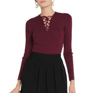 SANDRO lace-up ribbed-knit top in Merlot